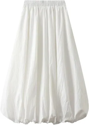 Fnfmrfmr Women Pleated Solid A-Line Skirt Elastic High Waist Loose Casual Mid Length Skirts
