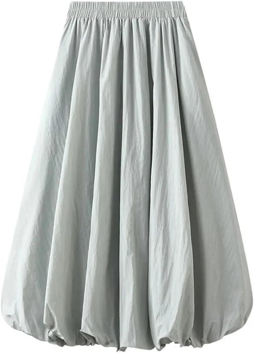 Fnfmrfmr Women Pleated Solid A-Line Skirt Elastic High Waist Loose Casual Mid Length Skirts