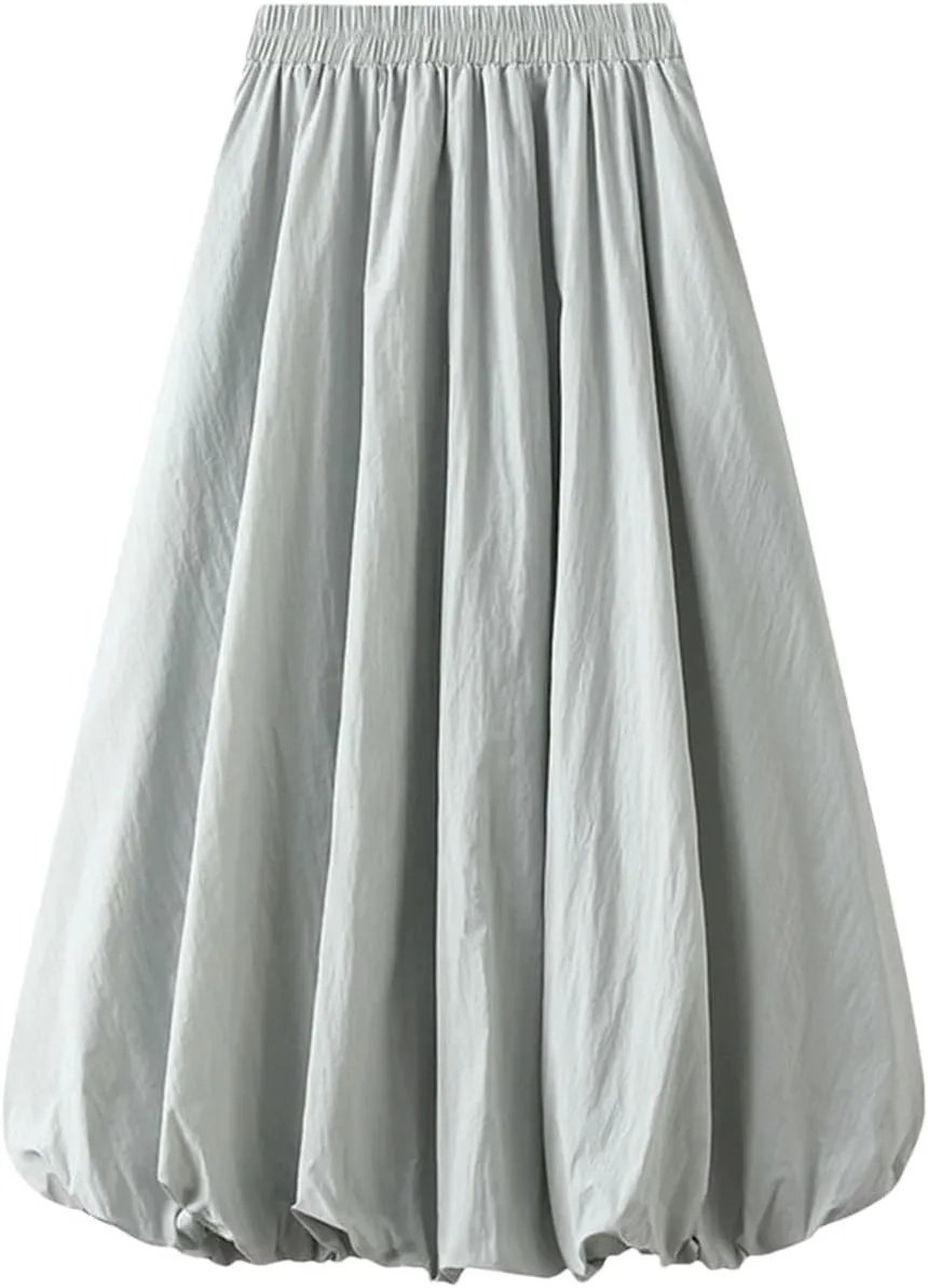 Fnfmrfmr Women Pleated Solid A-Line Skirt Elastic High Waist Loose Casual Mid Length Skirts