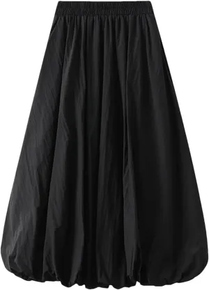 Fnfmrfmr Women Pleated Solid A-Line Skirt Elastic High Waist Loose Casual Mid Length Skirts