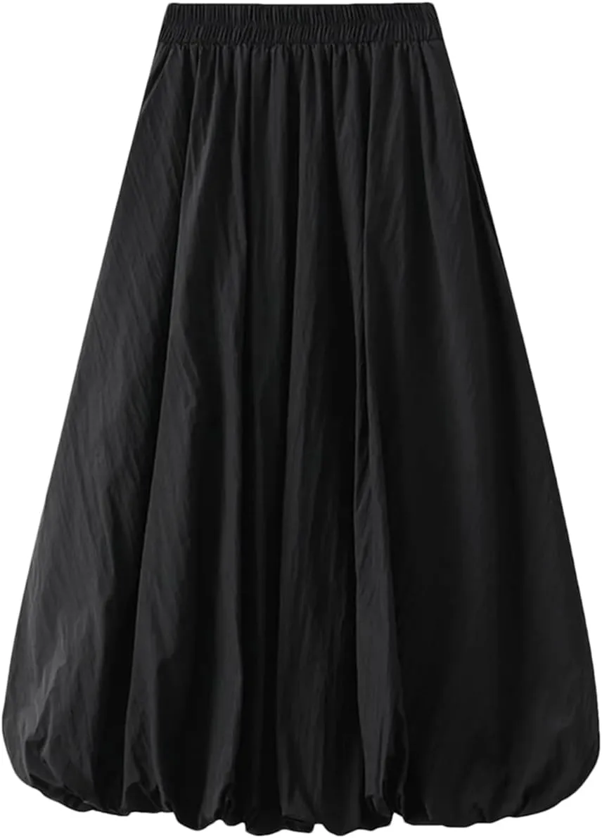 Fnfmrfmr Women Pleated Solid A-Line Skirt Elastic High Waist Loose Casual Mid Length Skirts