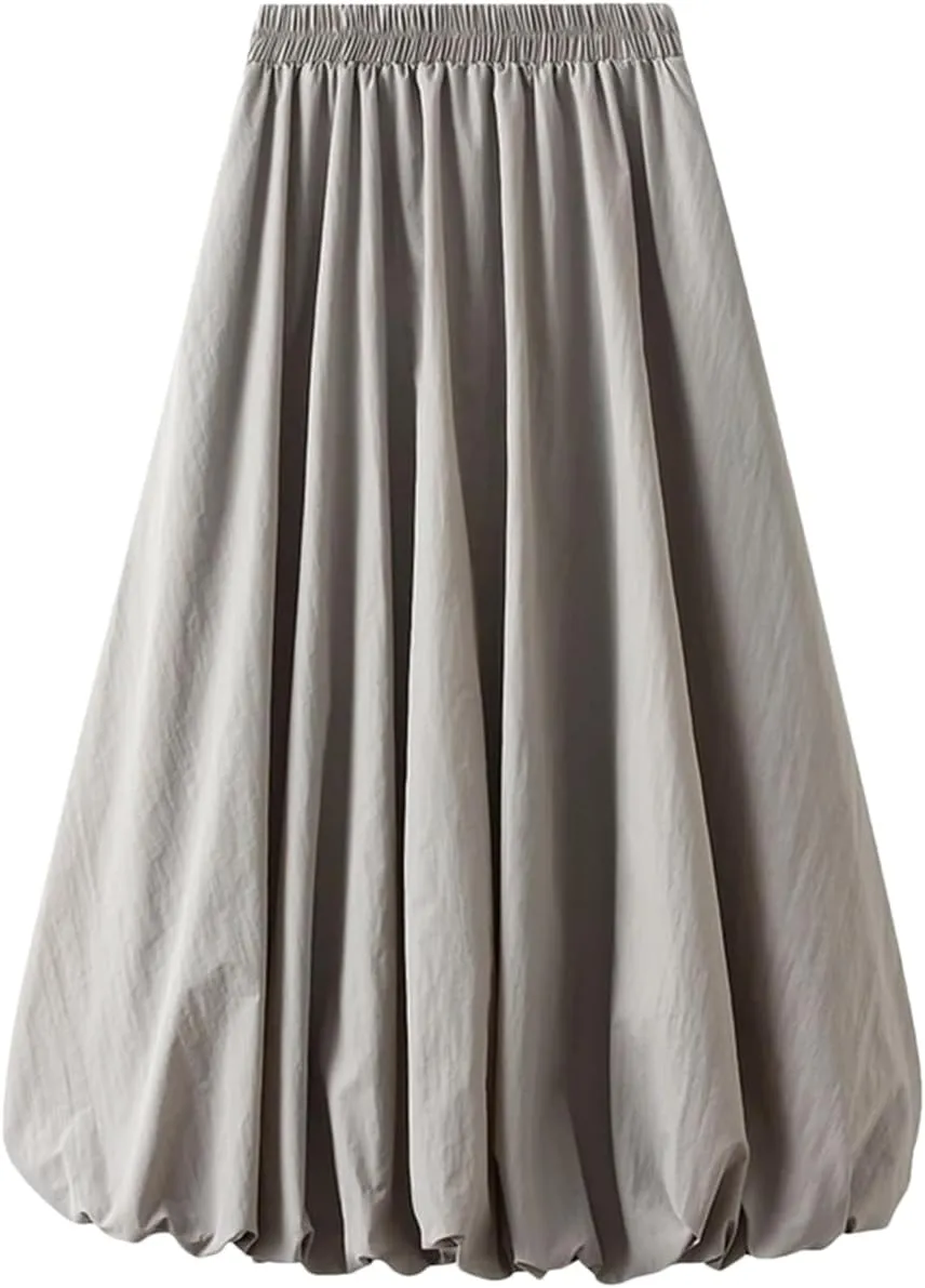 Fnfmrfmr Women Pleated Solid A-Line Skirt Elastic High Waist Loose Casual Mid Length Skirts