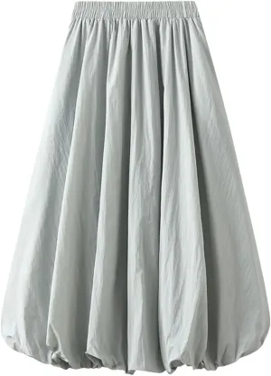 Fnfmrfmr Women Pleated Solid A-Line Skirt Elastic High Waist Loose Casual Mid Length Skirts