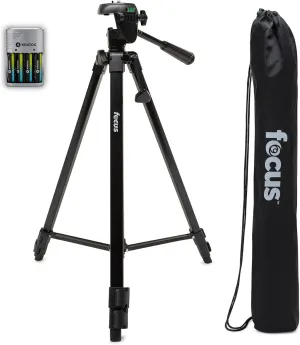 Focus Camera 59" Travel DSLR Camera Tripod Stand with Bag and Rechargeable Batteries, Lightweight, Nikon/Canon/Sony Camera Compatible, Professional Tri Pod