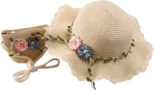 Girls Straw Hat 2-8 Age Tourism Sun Hat Flower Children Sun Hat and Bag Set Baby Outdoor Wide Brim Bucket Hats for Kid Beige