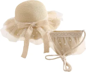 Girls Straw Hat 2-8 Age Tourism Sun Hat Flower Children Sun Hat and Bag Set Baby Outdoor Wide Brim Bucket Hats for Kid