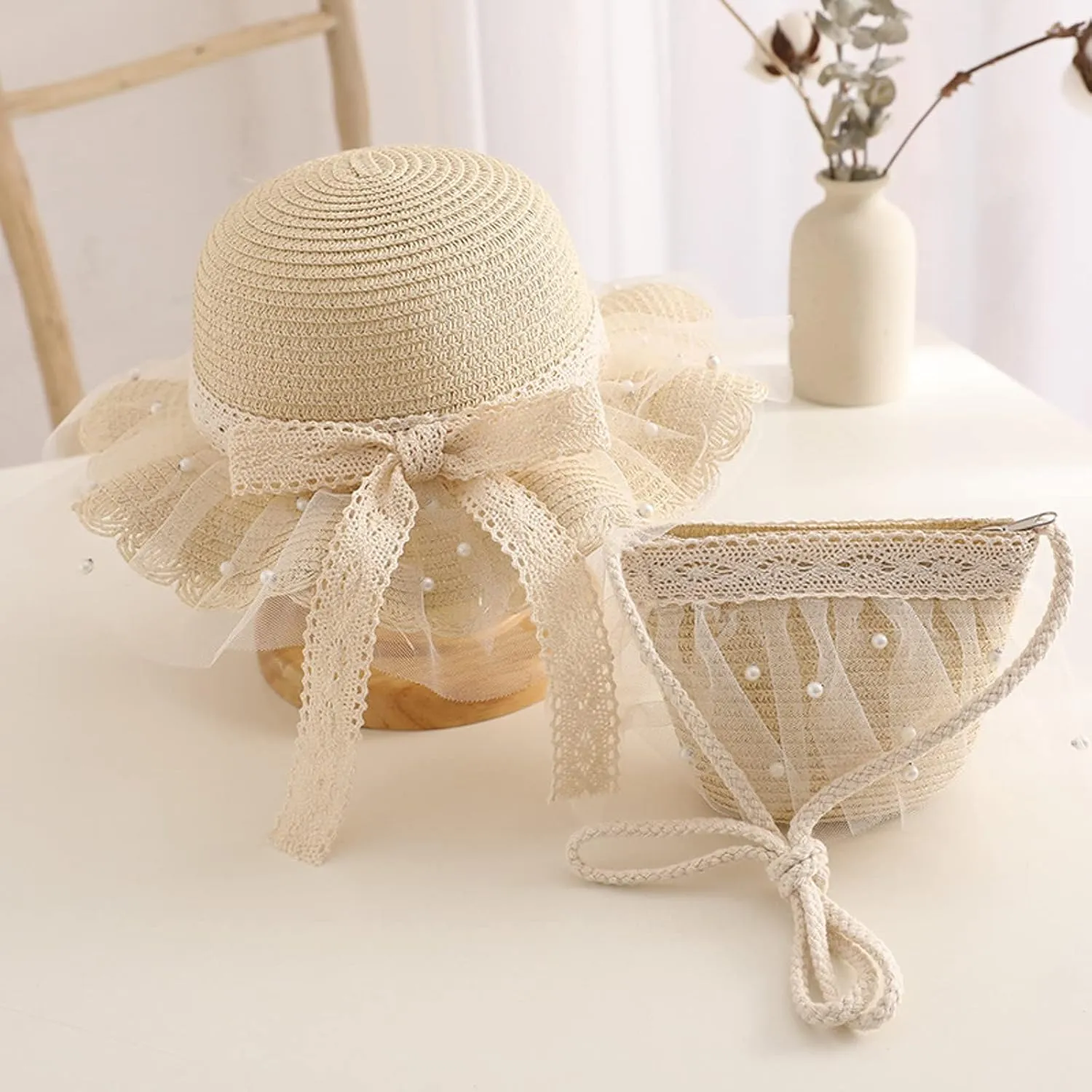 Girls Straw Hat 2-8 Age Tourism Sun Hat Flower Children Sun Hat and Bag Set Baby Outdoor Wide Brim Bucket Hats for Kid