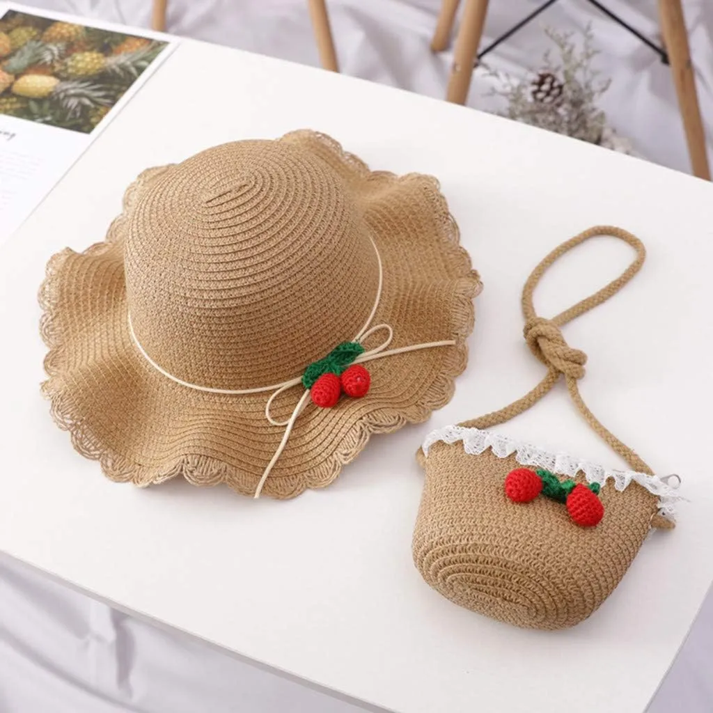 Girls Straw Hat 2-8 Age Tourism Sun Hat Flower Children Sun Hat and Bag Set Baby Outdoor Wide Brim Bucket Hats for Kid