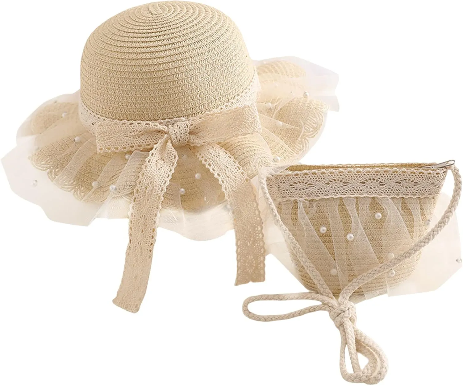 Girls Straw Hat 2-8 Age Tourism Sun Hat Flower Children Sun Hat and Bag Set Baby Outdoor Wide Brim Bucket Hats for Kid