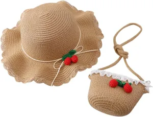 Girls Straw Hat 2-8 Age Tourism Sun Hat Flower Children Sun Hat and Bag Set Baby Outdoor Wide Brim Bucket Hats for Kid