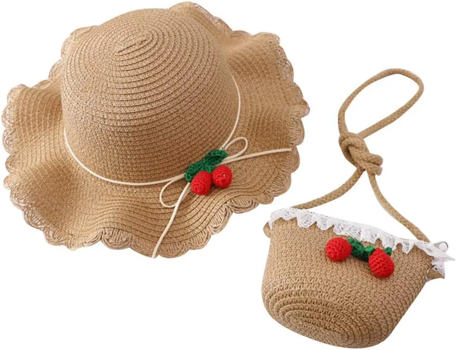 Girls Straw Hat 2-8 Age Tourism Sun Hat Flower Children Sun Hat and Bag Set Baby Outdoor Wide Brim Bucket Hats for Kid