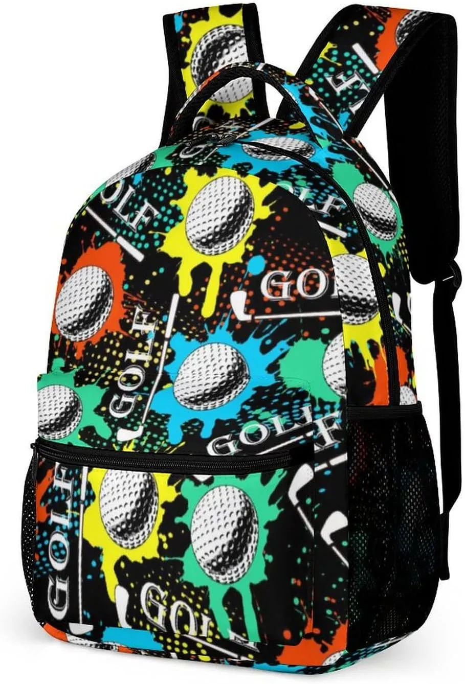 Golf Backpack for Kids Girls Boys School, 16 Inches Cool Golf Theme Bookbag, Adjustable, Lightweight, Large Capacity, Colorful Golf Backpack for School