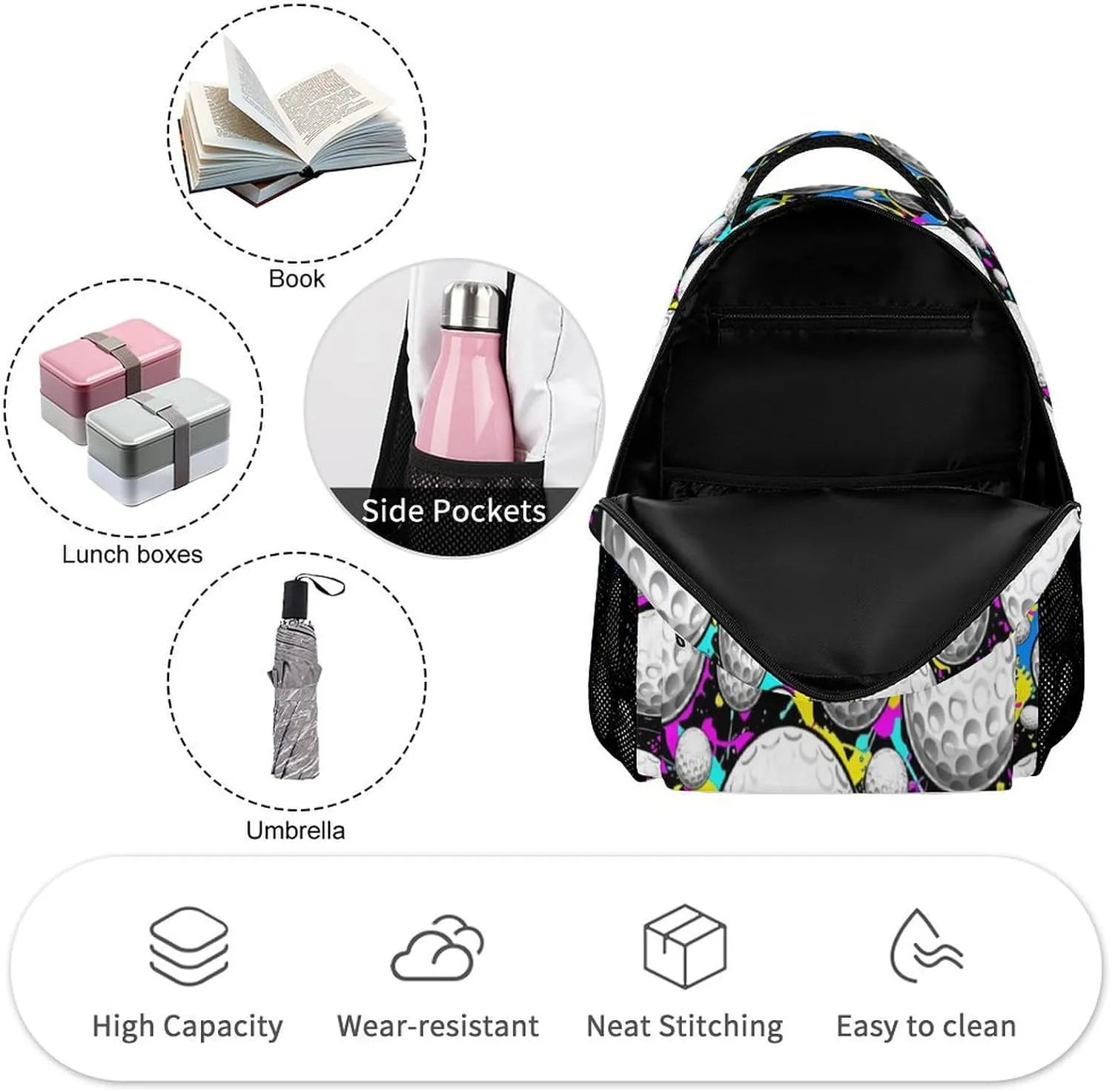 Golf Backpack for Kids Girls Boys School, 16 Inches Cool Golf Theme Bookbag, Adjustable, Lightweight, Large Capacity, Colorful Golf Backpack for School