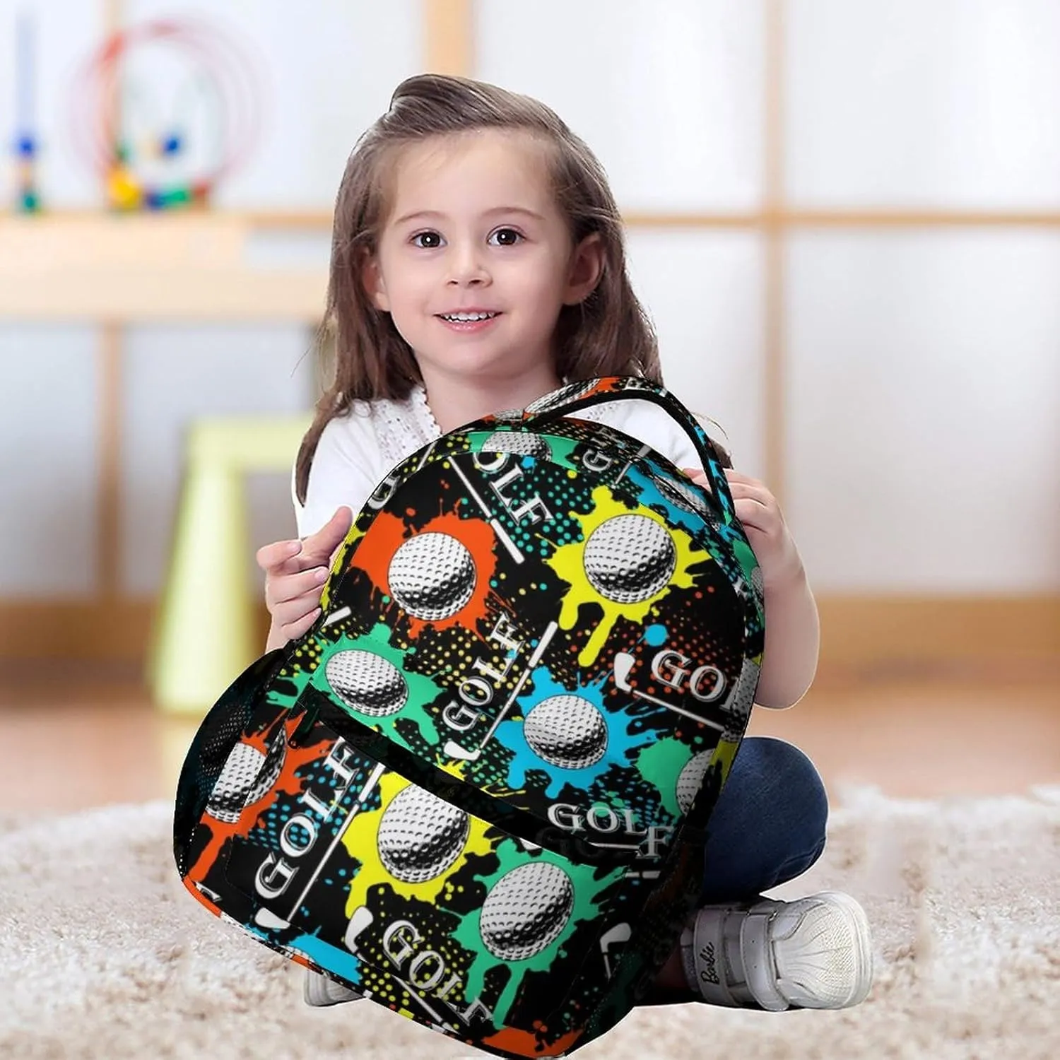 Golf Backpack for Kids Girls Boys School, 16 Inches Cool Golf Theme Bookbag, Adjustable, Lightweight, Large Capacity, Colorful Golf Backpack for School