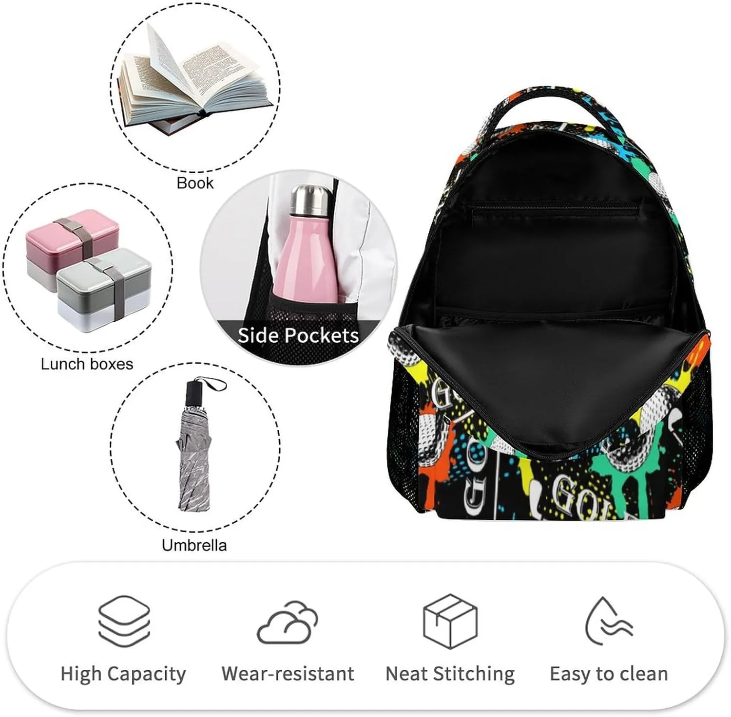 Golf Backpack for Kids Girls Boys School, 16 Inches Cool Golf Theme Bookbag, Adjustable, Lightweight, Large Capacity, Colorful Golf Backpack for School