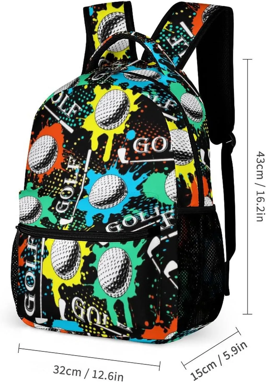 Golf Backpack for Kids Girls Boys School, 16 Inches Cool Golf Theme Bookbag, Adjustable, Lightweight, Large Capacity, Colorful Golf Backpack for School