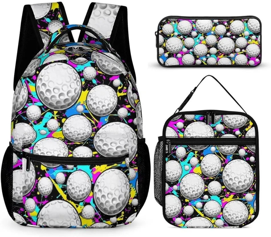 Golf Backpack with Lunch Box & Pencil Case, 16 Inch Cool Golf Themed Bookbag for School, Adjustable Large Capacity Lightweight, Colorful Golf Backpack Set for Kids Girls Boys