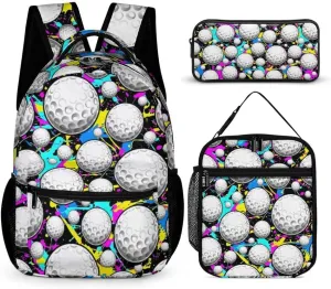 Golf Backpack with Lunch Box & Pencil Case, 16 Inch Cool Golf Themed Bookbag for School, Adjustable Large Capacity Lightweight, Colorful Golf Backpack Set for Kids Girls Boys