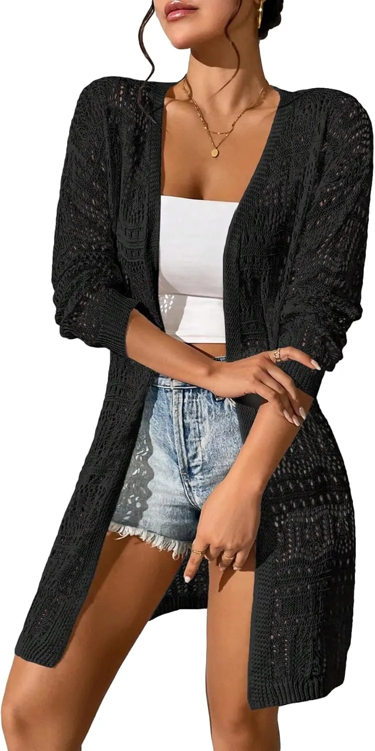 GORGLITTER Women's Crochet Cardigan Sweater Lightweight Open Front Long Sleeve Hollow Out Kimono Summer Cardigan