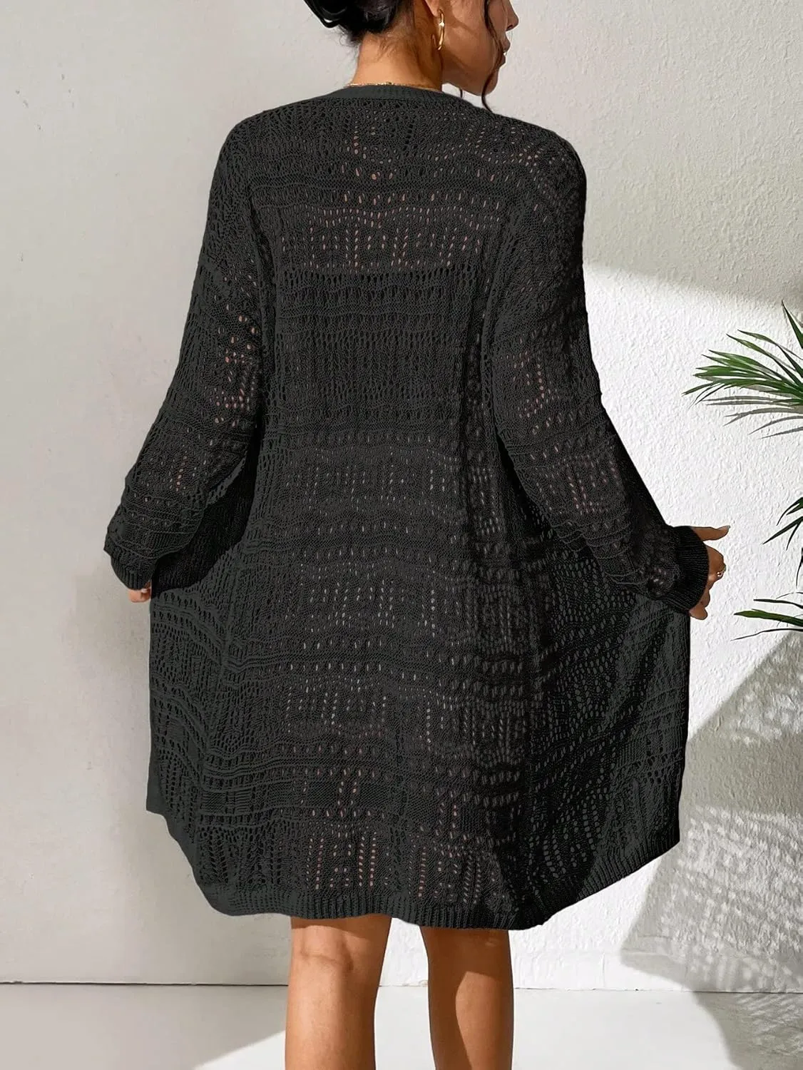 GORGLITTER Women's Crochet Cardigan Sweater Lightweight Open Front Long Sleeve Hollow Out Kimono Summer Cardigan