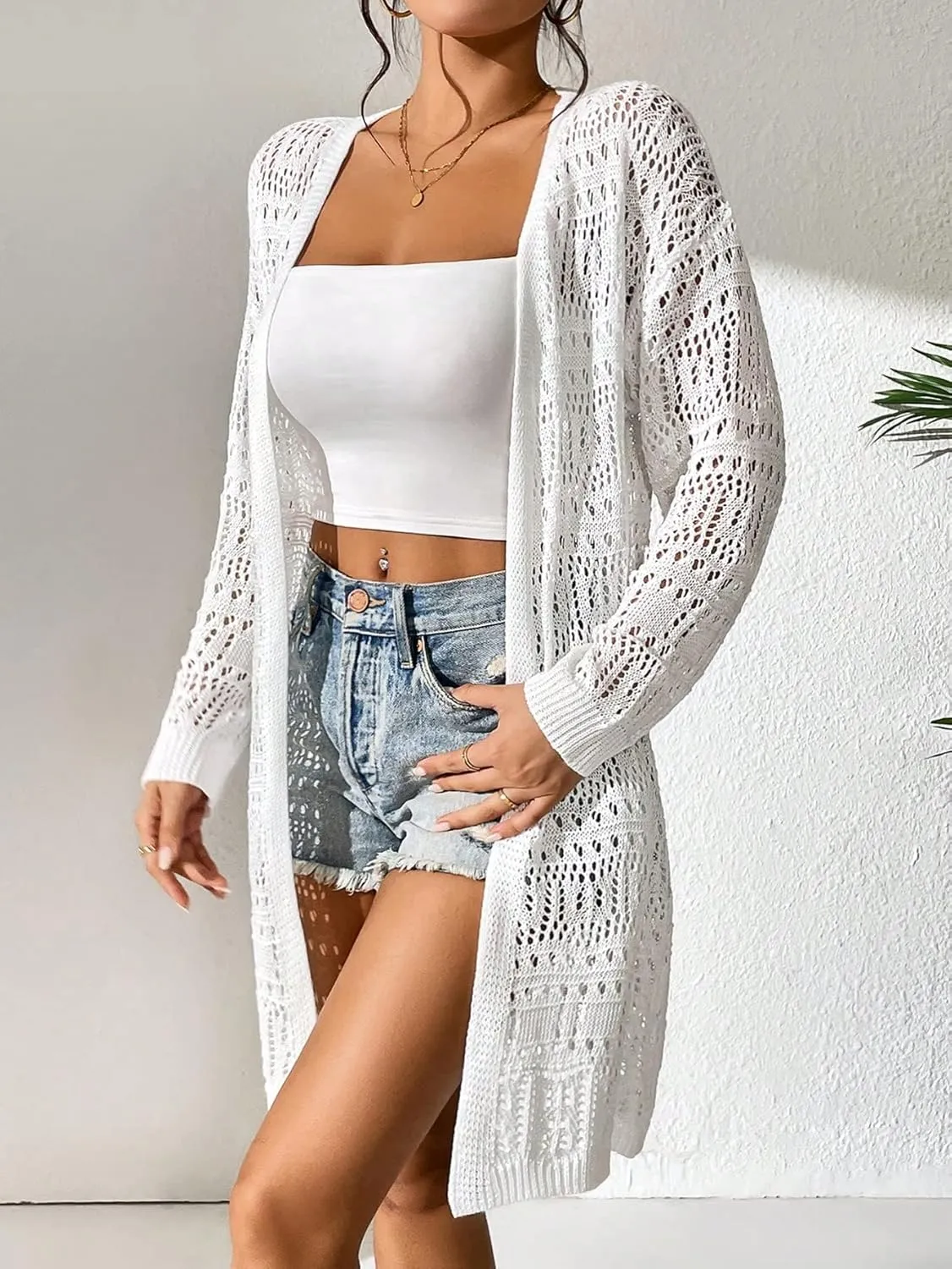 GORGLITTER Women's Crochet Cardigan Sweater Lightweight Open Front Long Sleeve Hollow Out Kimono Summer Cardigan
