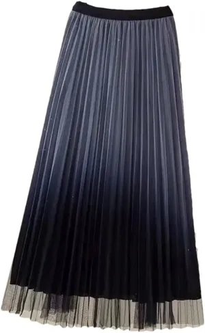 Gradient Pleated Mesh Tulle Skirt Women Spring Summer Elastic Waist A-LINE Fashion Ladies Work Party Midi Long Skirts