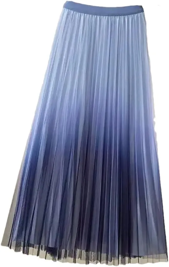 Gradient Pleated Mesh Tulle Skirt Women Spring Summer Elastic Waist A-LINE Fashion Ladies Work Party Midi Long Skirts