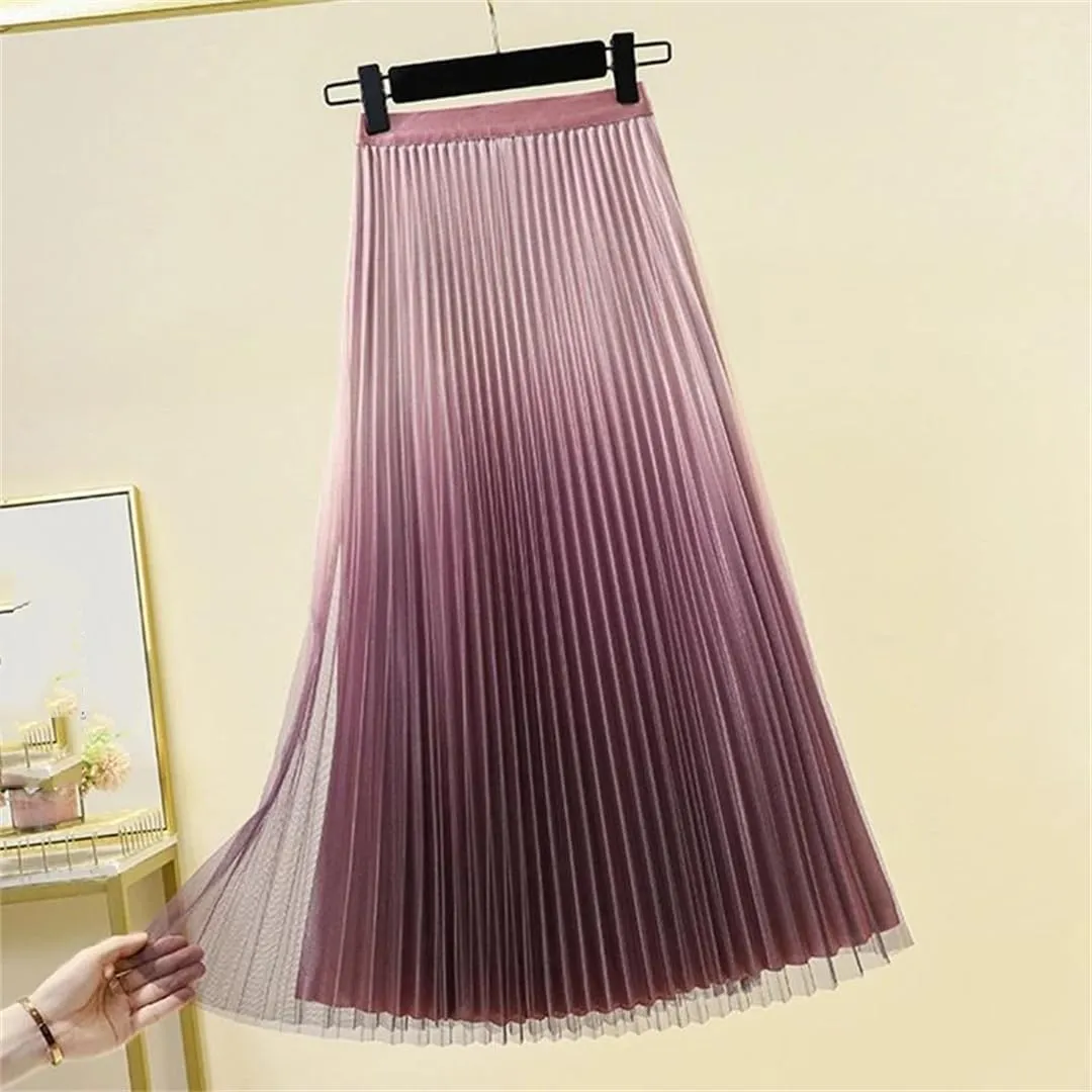 Gradient Pleated Mesh Tulle Skirt Women Spring Summer Elastic Waist A-LINE Fashion Ladies Work Party Midi Long Skirts
