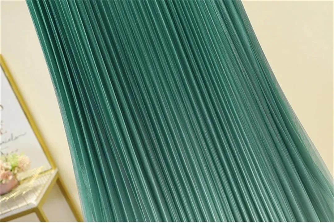 Gradient Pleated Mesh Tulle Skirt Women Spring Summer Elastic Waist A-LINE Fashion Ladies Work Party Midi Long Skirts