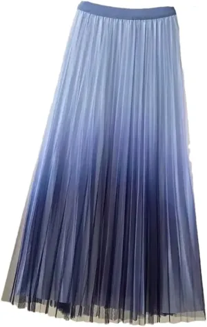 Gradient Pleated Mesh Tulle Skirt Women Spring Summer Elastic Waist A-LINE Fashion Ladies Work Party Midi Long Skirts