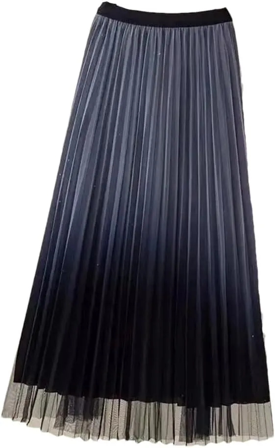 Gradient Pleated Mesh Tulle Skirt Women Spring Summer Elastic Waist A-LINE Fashion Ladies Work Party Midi Long Skirts