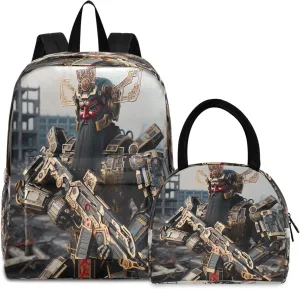 Guan Gong Mech Warrior Backpacks and Lunchboxes Waterproof Backpack Cooler Bag Boys Bagpack with Lunch Bag, Kids Backpacks with Lunch Bag