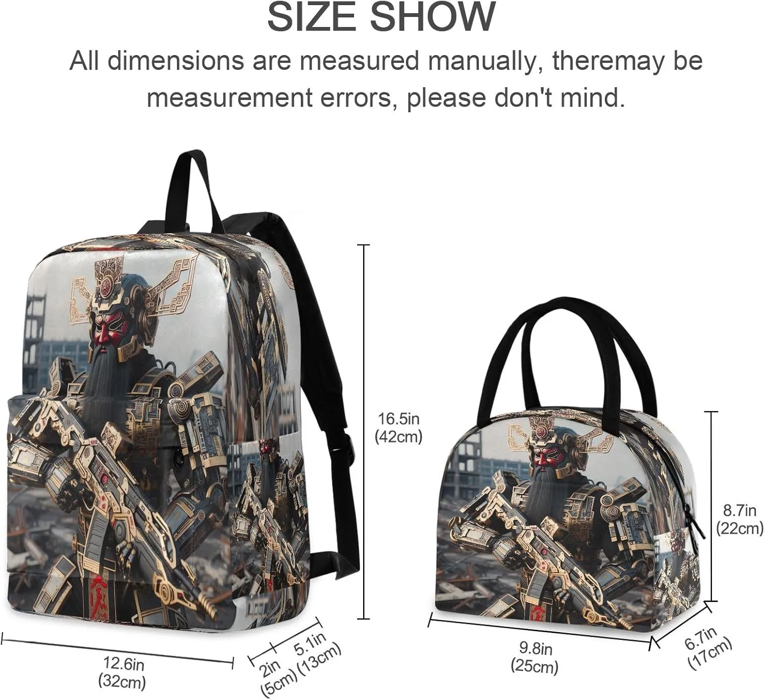 Guan Gong Mech Warrior Backpacks and Lunchboxes Waterproof Backpack Cooler Bag Boys Bagpack with Lunch Bag, Kids Backpacks with Lunch Bag