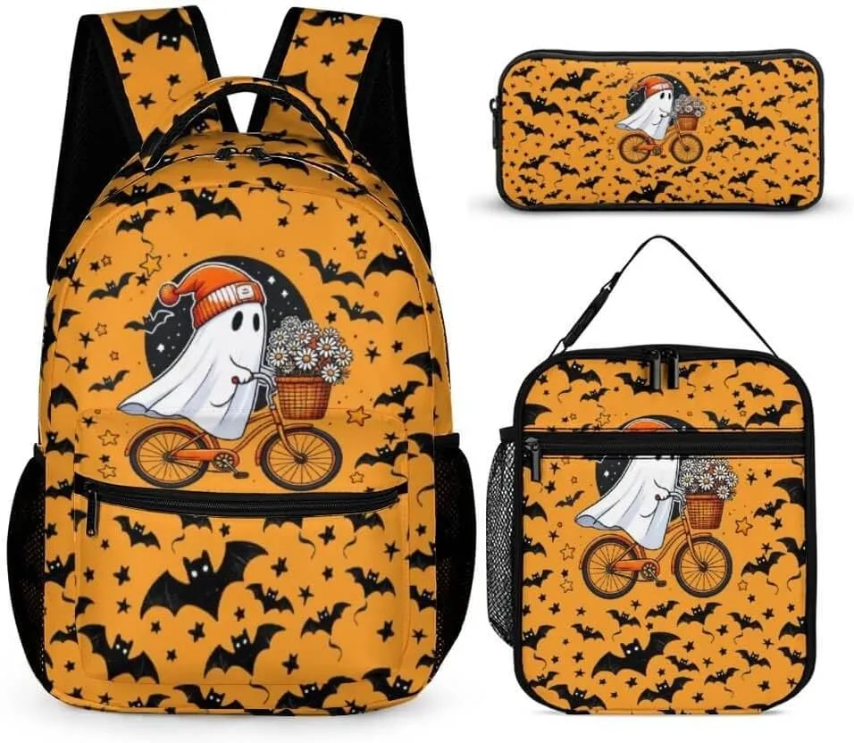 Halloween Backpack with Lunch Box & Pencil Case, 16 Inch Cool Halloween Themed Bookbag, Adjustable Lightweight Large Capacity, Colorful Halloween Backpack Set for Kids Girls Boys School