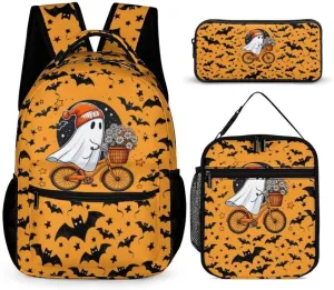 Halloween Backpack with Lunch Box & Pencil Case, 16 Inch Cool Halloween Themed Bookbag, Adjustable Lightweight Large Capacity, Colorful Halloween Backpack Set for Kids Girls Boys School