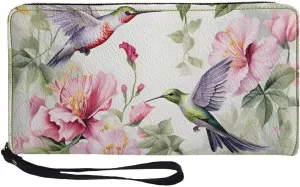Hummingbirds Leather Wristlet Wallet for Women Pink Begonia Flowers Zip Around Wallet Fashion Travel Business Shopping Money Clips Handbag Purse