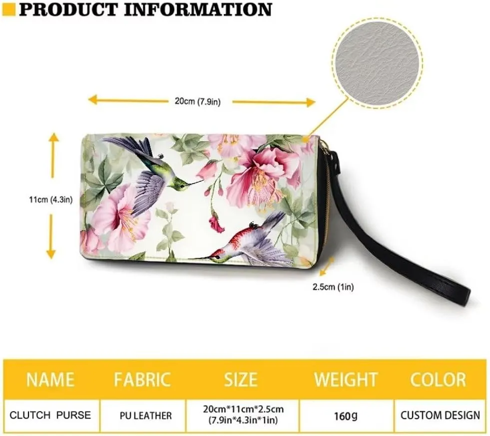 Hummingbirds Leather Wristlet Wallet for Women Pink Begonia Flowers Zip Around Wallet Fashion Travel Business Shopping Money Clips Handbag Purse