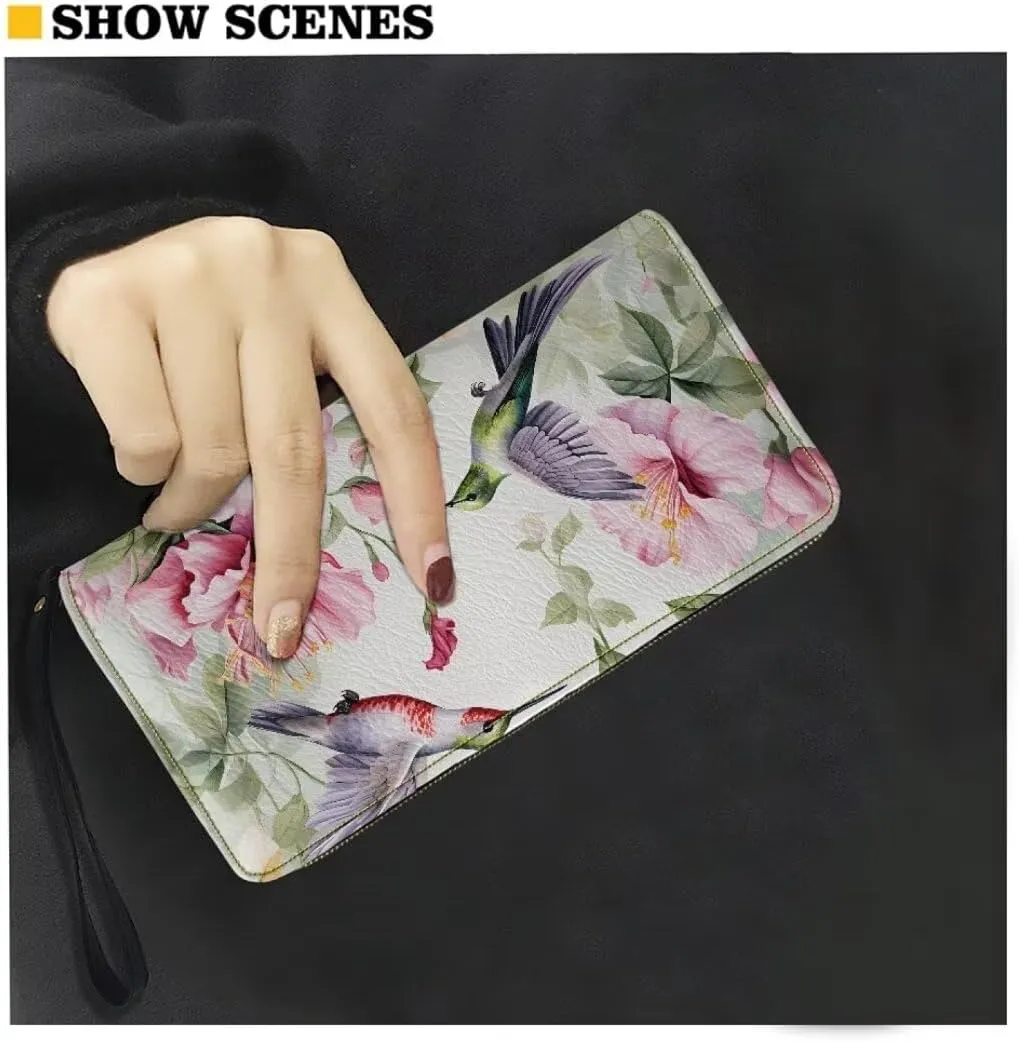 Hummingbirds Leather Wristlet Wallet for Women Pink Begonia Flowers Zip Around Wallet Fashion Travel Business Shopping Money Clips Handbag Purse