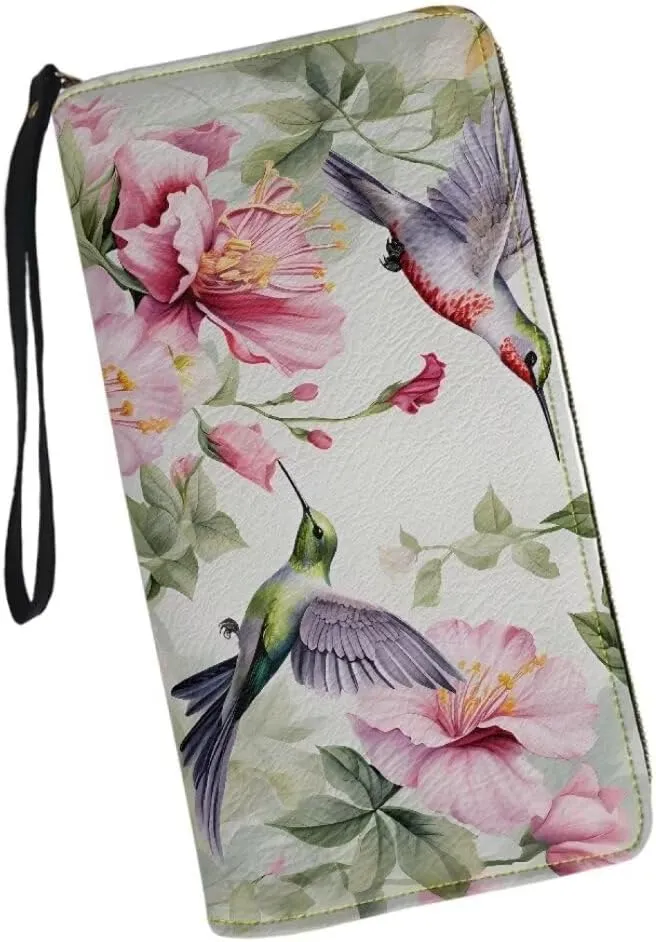 Hummingbirds Leather Wristlet Wallet for Women Pink Begonia Flowers Zip Around Wallet Fashion Travel Business Shopping Money Clips Handbag Purse