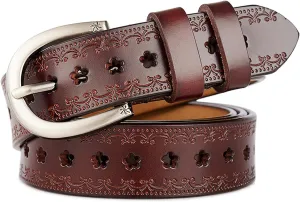 INOGIH Women Vintage Floral Engraved Embossed Genuine Western Leather Belt for Jeans Dresse