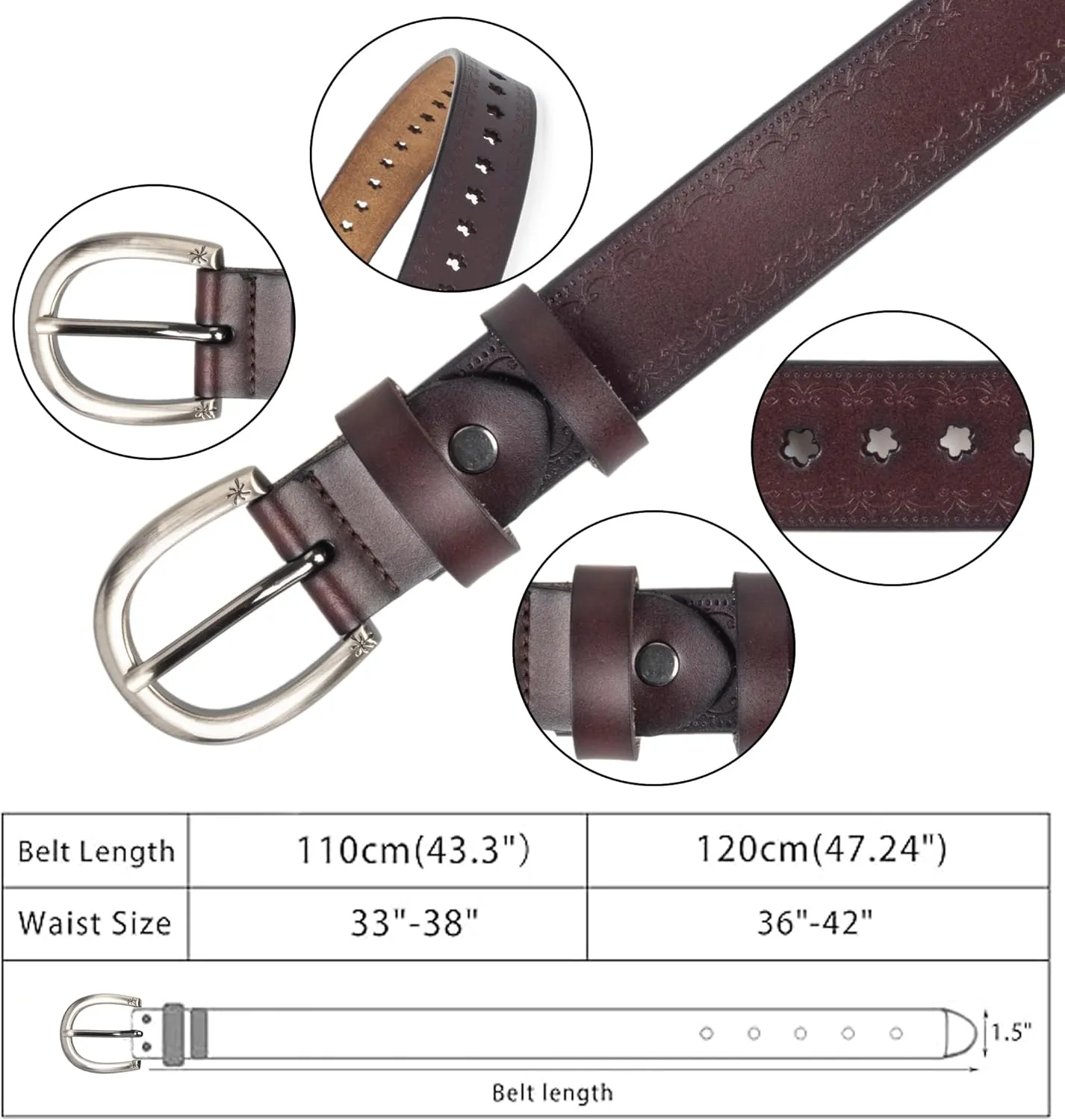 INOGIH Women Vintage Floral Engraved Embossed Genuine Western Leather Belt for Jeans Dresse