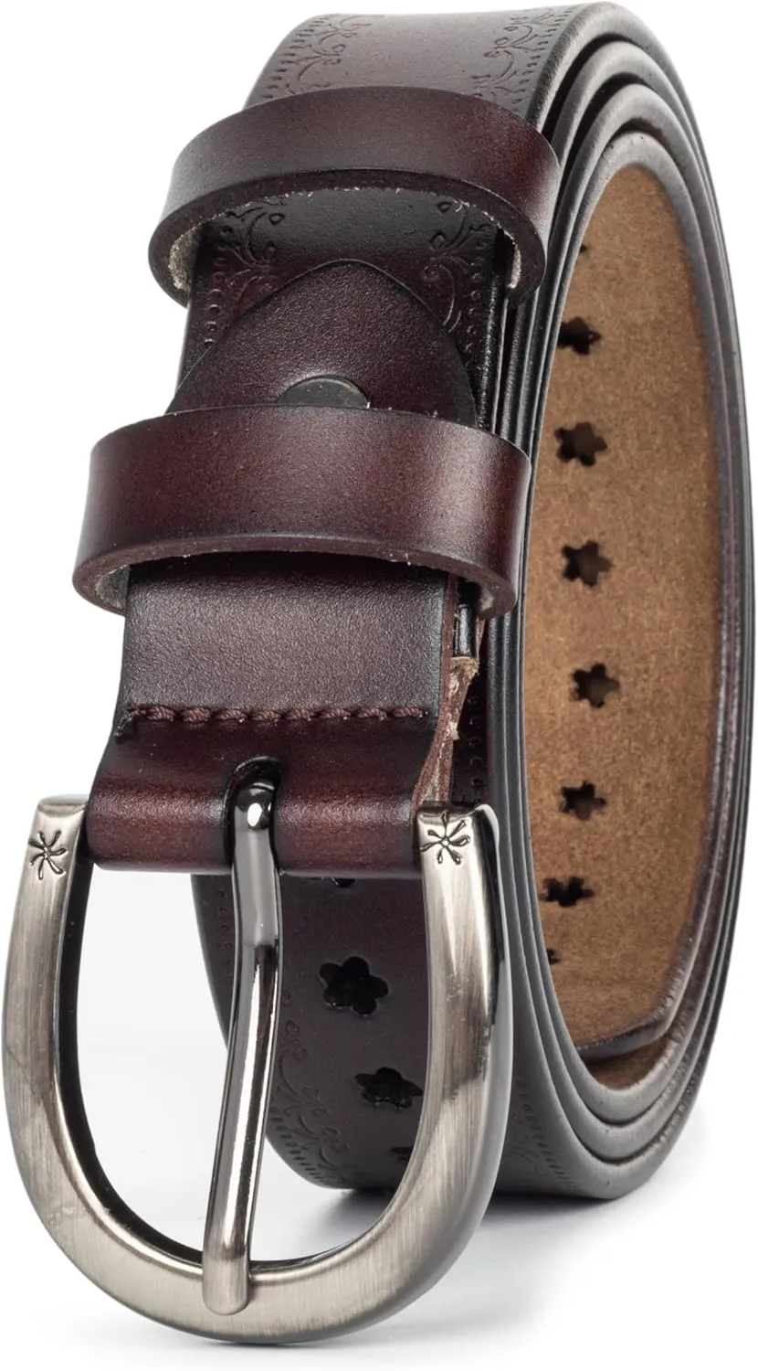 INOGIH Women Vintage Floral Engraved Embossed Genuine Western Leather Belt for Jeans Dresse