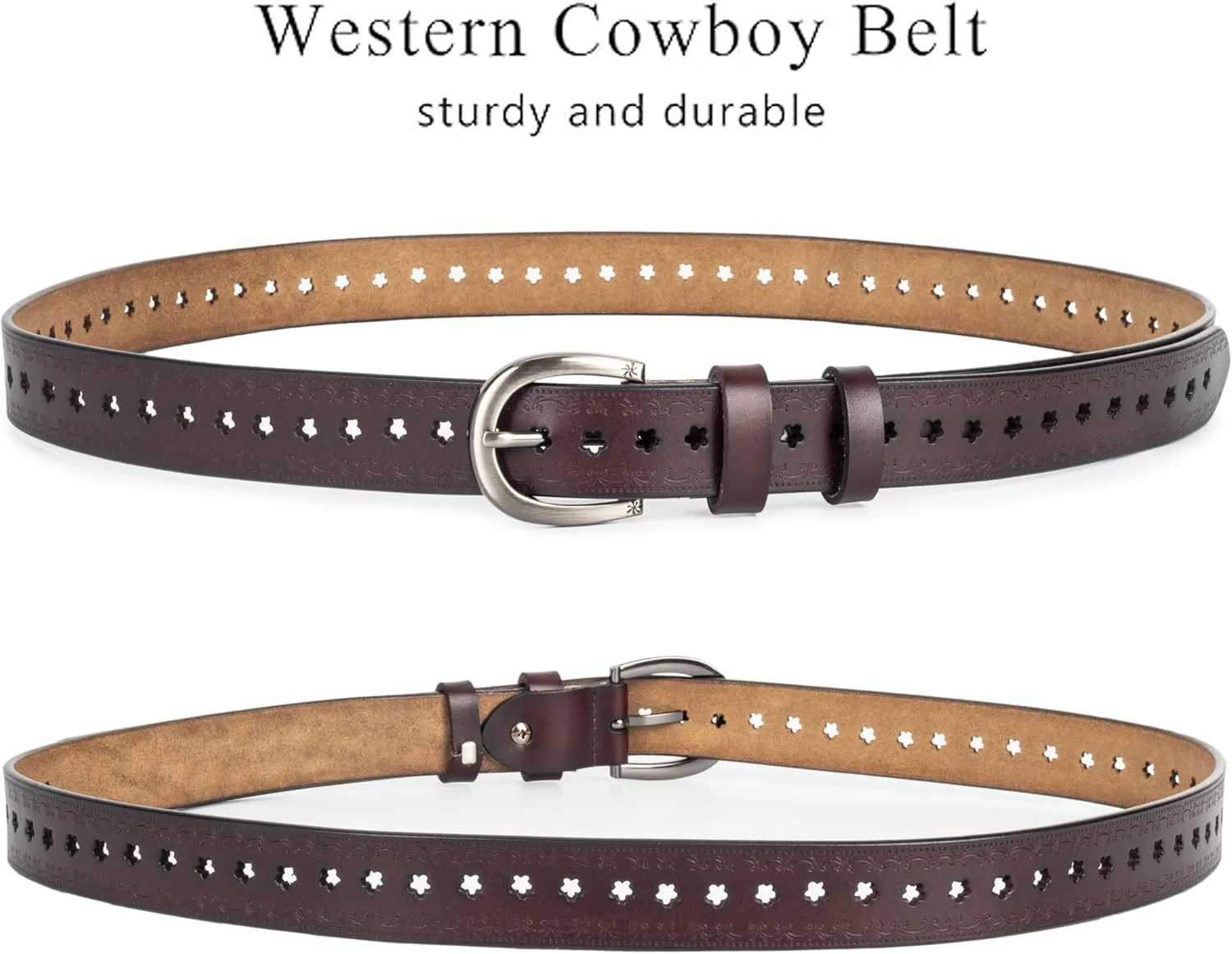 INOGIH Women Vintage Floral Engraved Embossed Genuine Western Leather Belt for Jeans Dresse