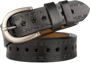 INOGIH Women Vintage Floral Engraved Embossed Genuine Western Leather Belt for Jeans Dresse
