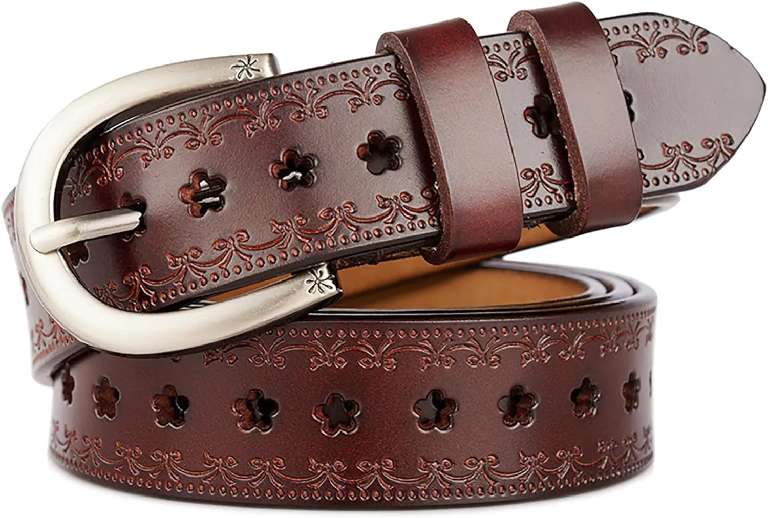 INOGIH Women Vintage Floral Engraved Embossed Genuine Western Leather Belt for Jeans Dresse