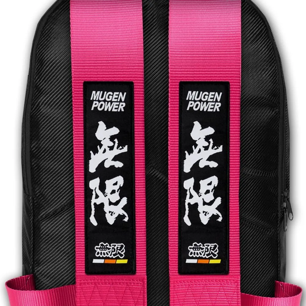 JDM Bride Recaro Racing Laptop Travel Backpack Carbon Fiber Style with Adjustable Harness Straps (MUGEN-Pink Strap)