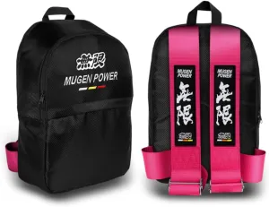 JDM Bride Recaro Racing Laptop Travel Backpack Carbon Fiber Style with Adjustable Harness Straps (MUGEN-Pink Strap)