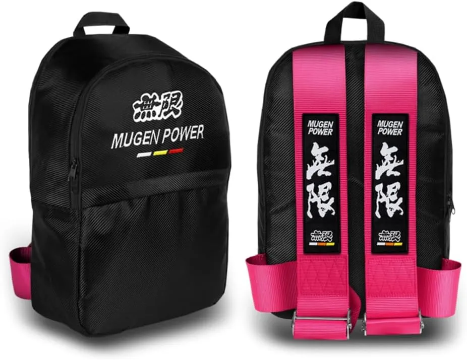 JDM Bride Recaro Racing Laptop Travel Backpack Carbon Fiber Style with Adjustable Harness Straps (MUGEN-Pink Strap)
