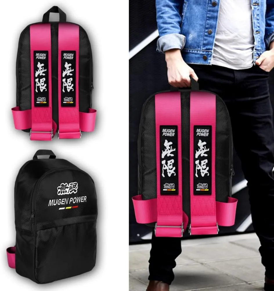 JDM Bride Recaro Racing Laptop Travel Backpack Carbon Fiber Style with Adjustable Harness Straps (MUGEN-Pink Strap)