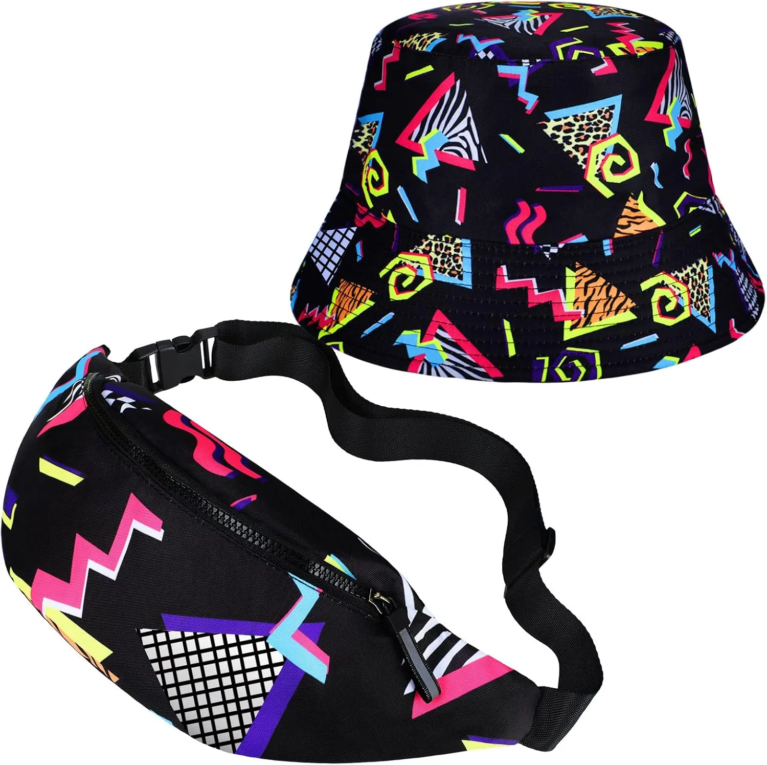 JenPen 2 Pcs 80s 90s Fanny Pack Bucket Hats Set for Men Women Retro Accessories for Summer Sports Party